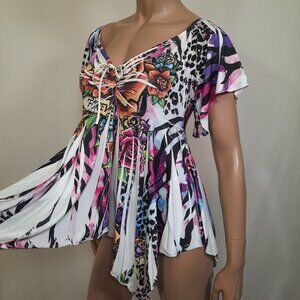 Y2K Long Babydoll Top Asymmetric Hem Fairy Floral Tattoo Print Size M White